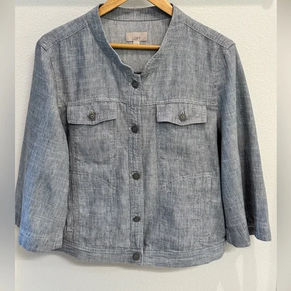 Jean jacket style Loft linen and cotton jacket with wide 3/4 sleeves. Size XL. - Picture 1 of 7